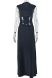Black Elegant Solid Color See-Through O Neck Long Dresses