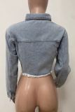 Blue Casual Solid Color Fringed Trim Turndown Collar Long Sleeve Straight Denim Jacket