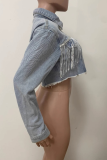 Blue Casual Solid Color Fringed Trim Turndown Collar Long Sleeve Straight Denim Jacket