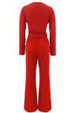 Black Casual Solid Color Pocket O Neck Long Sleeve Two Pieces