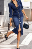 Deep Blue Casual Solid Color Buckle Turndown Collar Long Sleeve Regular Denim Dresses