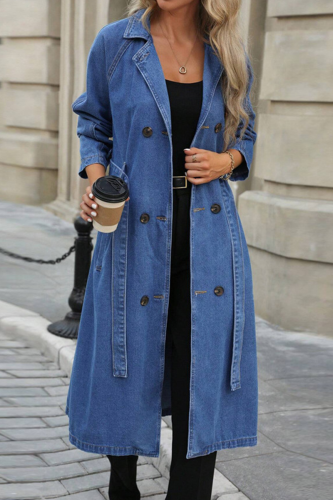 Blue Casual Solid Color Strap Design Turndown Collar Long Sleeve Loose Denim Jacket