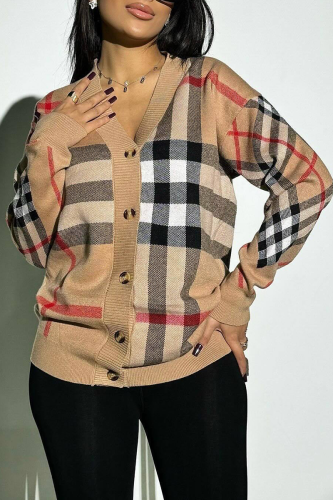 Light Brown Casual Plaid Buckle V Neck Outerwear