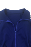 Deep Blue Casual Stripe Contrast Zipper Collar Long Sleeve Two Pieces