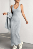 Light Gray Casual Solid Color Patchwork V Neck Long Sleeve Two Pieces