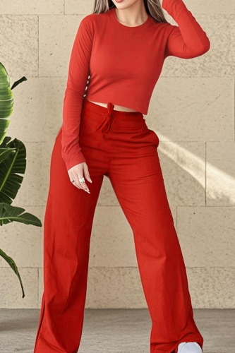 Red Casual Solid Color Pocket O Neck Long Sleeve Two Pieces