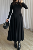 Black Elegant Solid Color Ruched O Neck Long Plus Size Dresses