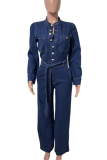 Deep Blue Casual Solid Color Buckle Strap Design O Neck Long Sleeve Loose Denim Jumpsuits