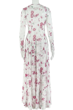 White Elegant Print Ruched O Neck Long Dresses