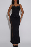 Black Shimmery Spaghetti Strap Slim Dress Side Slit Mesh Party Elegant Long Gown