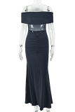 Black Sexy Solid Color See-Through Off Shoulder Long Dresses