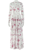 White Elegant Print Ruched O Neck Long Dresses