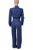 Deep Blue Casual Solid Color Buckle Strap Design O Neck Long Sleeve Loose Denim Jumpsuits