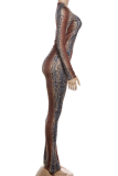 Coffee Casual Print Contrast O Neck Long Sleeve Two Pieces