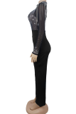 Black Rhinestone Sheer Jumpsuit Sexy Slim Elegant Party Fashion High Waist Wide Leg Romper