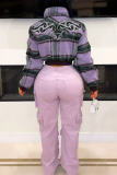 Purple Plaid Cropped Jacket Letter Accent Loose Casual Fashion Retro Style Top