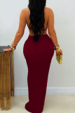 Black Sexy Solid Color Metal Accessories Trim Halter Long Dresses