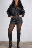 Khaki Woven Pattern Cropped Leather Jacket Zipper Collar Casual Fashion Stylish Coat