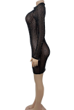 Black Sexy Solid Color Hot Drill O Neck Wrapped Skirt Dresses