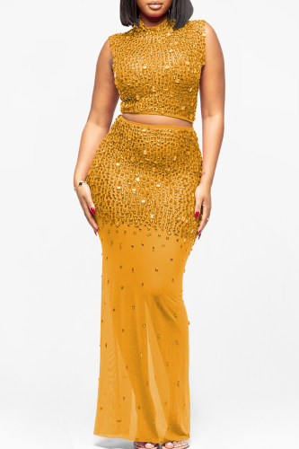 Gold Sexy Solid Color Hot Drill Half A Turtleneck Sleeveless Two Pieces