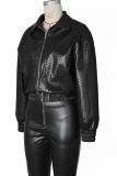 Khaki Woven Pattern Cropped Leather Jacket Zipper Collar Casual Fashion Stylish Coat