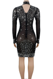 Black Sexy Solid Color Hot Drill O Neck Wrapped Skirt Dresses
