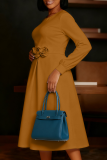 Dark Brown Elegant Solid Color Flower Shape O Neck A Line Dresses