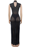Black Sexy Solid Color Hot Drill Half A Turtleneck Sleeveless Two Pieces