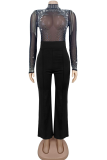 Black Rhinestone Sheer Jumpsuit Sexy Slim Elegant Party Fashion High Waist Wide Leg Romper