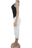 Black Color Block Ruched Sleeveless Dress Slim Elegant Fashion Waist Midi Dress