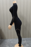 Black Sexy Solid Color Hollow Out O Neck Long Sleeve Two Pieces