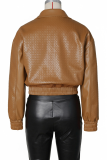 Khaki Woven Pattern Cropped Leather Jacket Zipper Collar Casual Fashion Stylish Coat