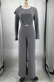 Dark Gray Casual Solid Color Strap Design Spaghetti Strap Long Sleeve Two Pieces