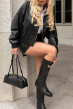 Khaki Woven Pattern Cropped Leather Jacket Zipper Collar Casual Fashion Stylish Coat
