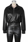 Khaki Woven Pattern Cropped Leather Jacket Zipper Collar Casual Fashion Stylish Coat
