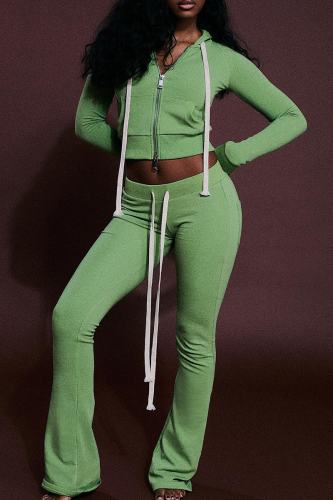 Green Casual Solid Color Draw String Hooded Long Sleeve Two Pieces