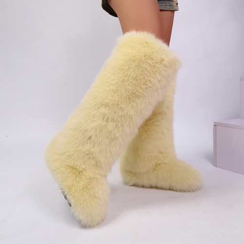 Light Yellow Knee High Snow Boots Women Warm Faux Fox Fur Lined Y2K Boots