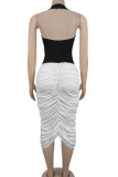Black Color Block Ruched Sleeveless Dress Slim Elegant Fashion Waist Midi Dress