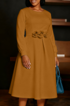 Dark Brown Elegant Solid Color Flower Shape O Neck A Line Dresses