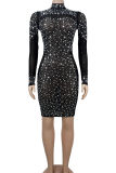 Black Sexy Solid Color Hot Drill O Neck Wrapped Skirt Dresses