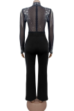 Black Rhinestone Sheer Jumpsuit Sexy Slim Elegant Party Fashion High Waist Wide Leg Romper