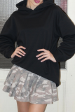 Black Sexy Solid Color Hollow Out Hooded Tops