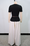 Black Casual Solid Color Contrast O Neck Short Sleeve Two Pieces