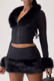 Black Sexy Solid Color Fluffy Turndown Collar Long Sleeve Two Pieces