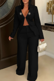 Black Casual Solid Color Patchwork Turn-back Collar Long Sleeve Two Pieces
