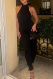 White Sexy Solid Color Backless Halter Skinny Jumpsuits