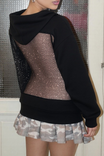 Black Sexy Solid Color Hollow Out Hooded Tops