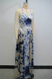 White Blue Elegant Tie Dye Contrast Halter Long Dresses