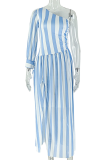 Blue Casual Stripe Contrast Oblique Collar Long Dresses
