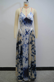 White Blue Elegant Tie Dye Contrast Halter Long Dresses